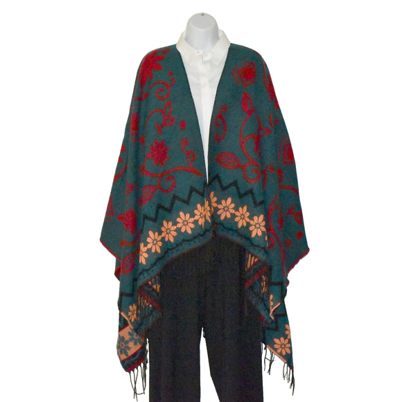 MOSS ROSE Jackets & Blazers - B0 NWT MOSS ROSE Teal Flower Knit Fringed Square Poncho Cape Wrap Shawl Size O/S